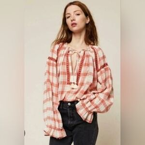 Free People Women's Honey Grove Gingham Boho Blouse, Salmon/Ivory Size M